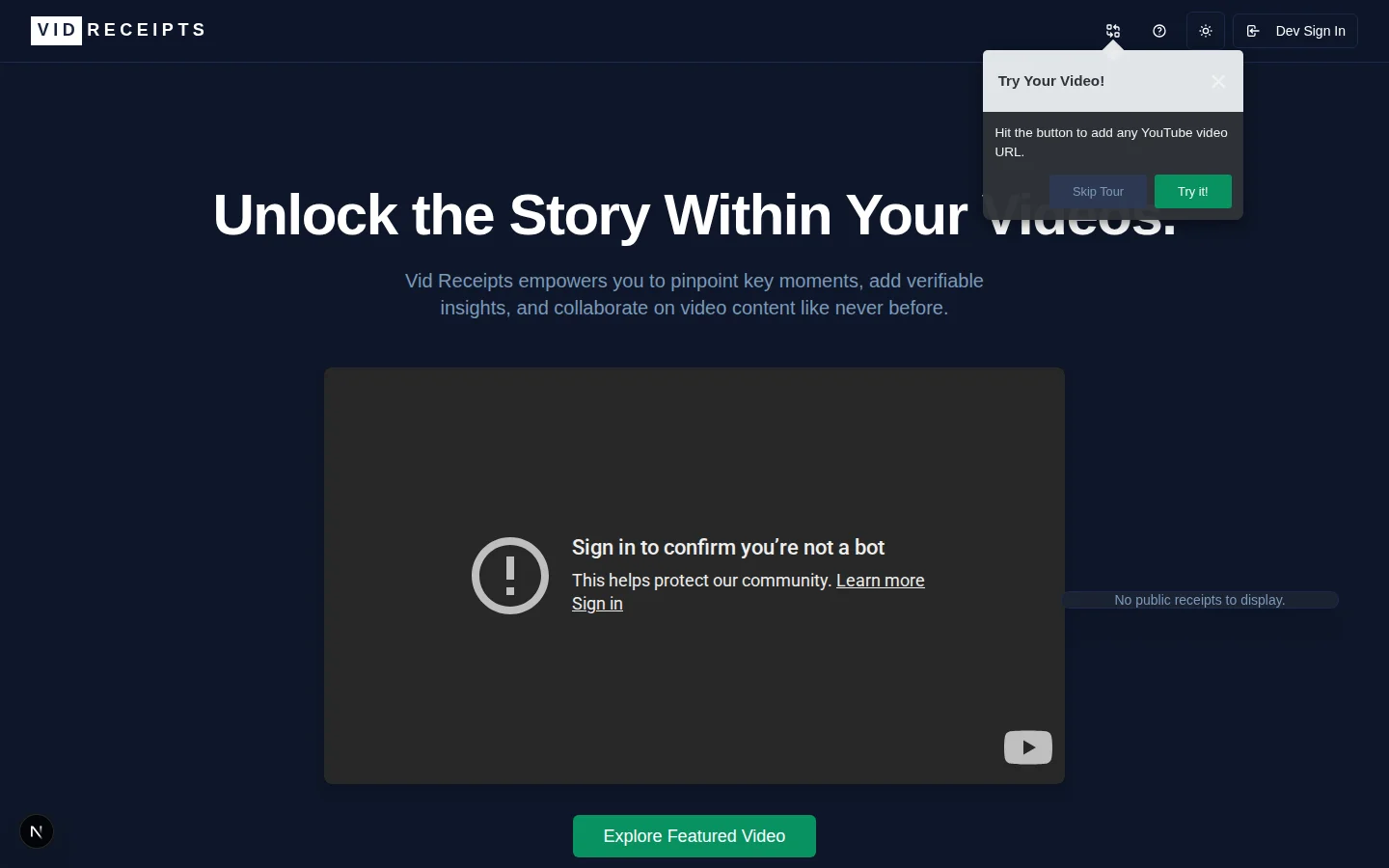 The Vid Receipts landing page with the hero section and video player