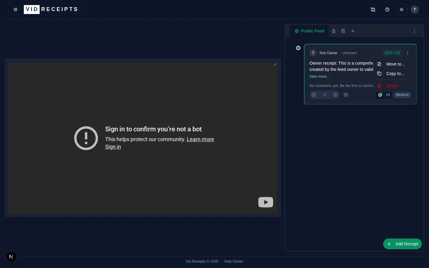 Receipt cards in the feed with action controls