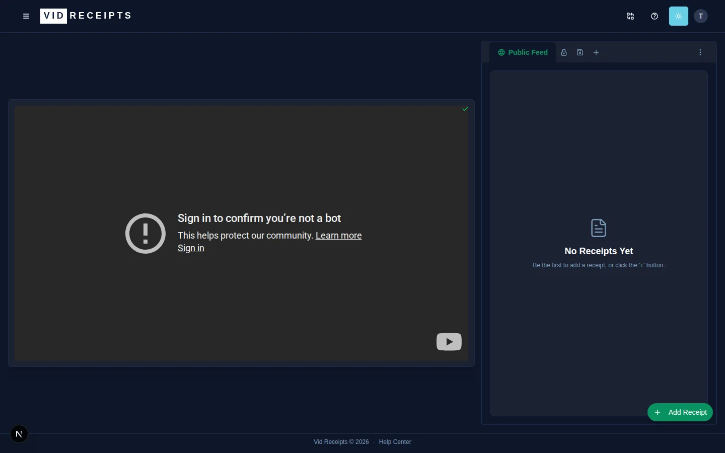 A video page showing the player and receipt feed area